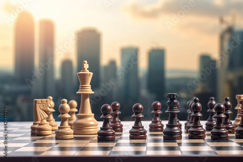 Chess pieces on a chessboard with the cityscape in the background