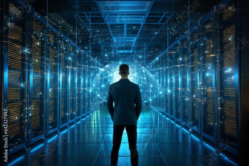 Back view of businessman standing in server room with binary code. Innovation concept