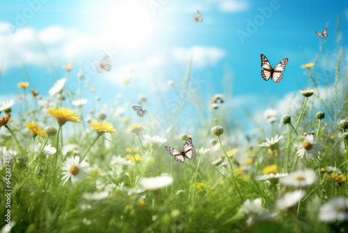 Summer meadow with flowers and butterfly. Nature background. 3d render © Creative