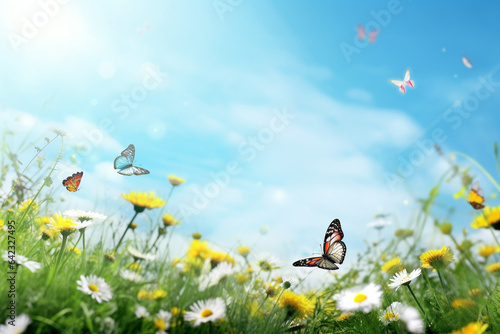 Summer meadow with flowers and butterfly. Nature background. 3d render