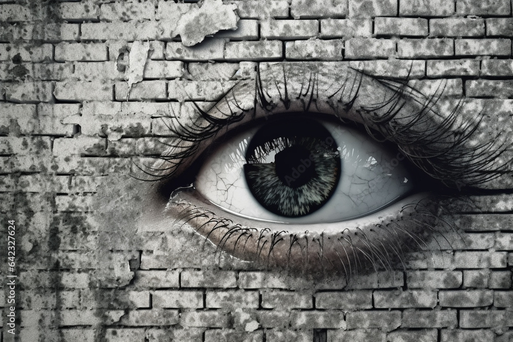 Close up of woman's eye with brick wall in the background.
