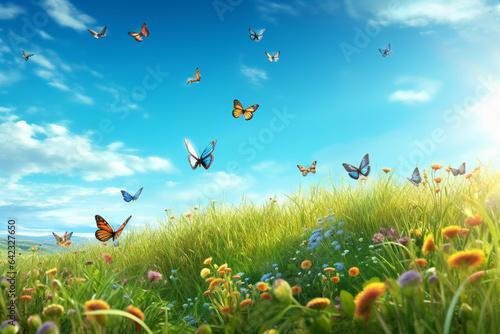 Summer meadow with flowers and butterfly. Nature background. 3d render