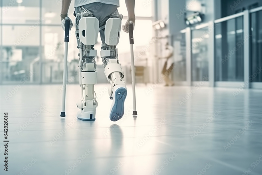 Robot walking on crutches in the hospital, closeup - obrazy, fototapety, plakaty 