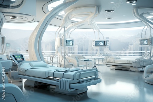 Futuristic white hospital with robots, glass and light