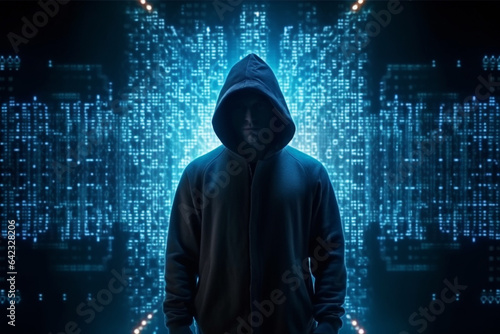 Hooded hacker in front of binary code background. Hacking concept