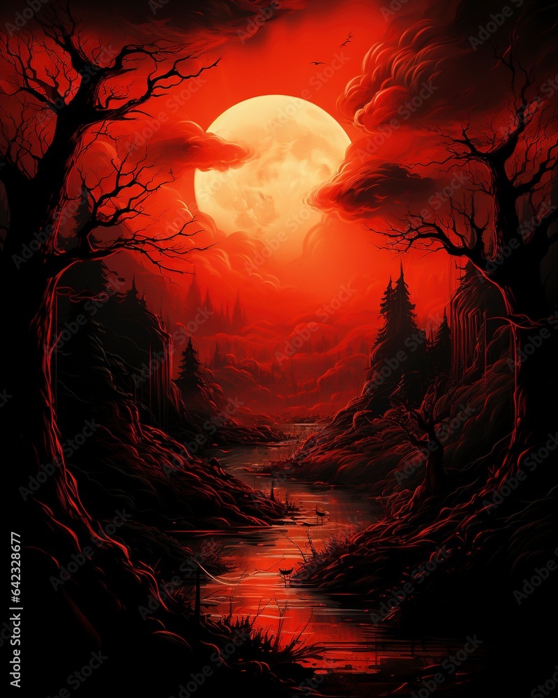 halloween background landscape with moon with red orange hues and creepy trees.