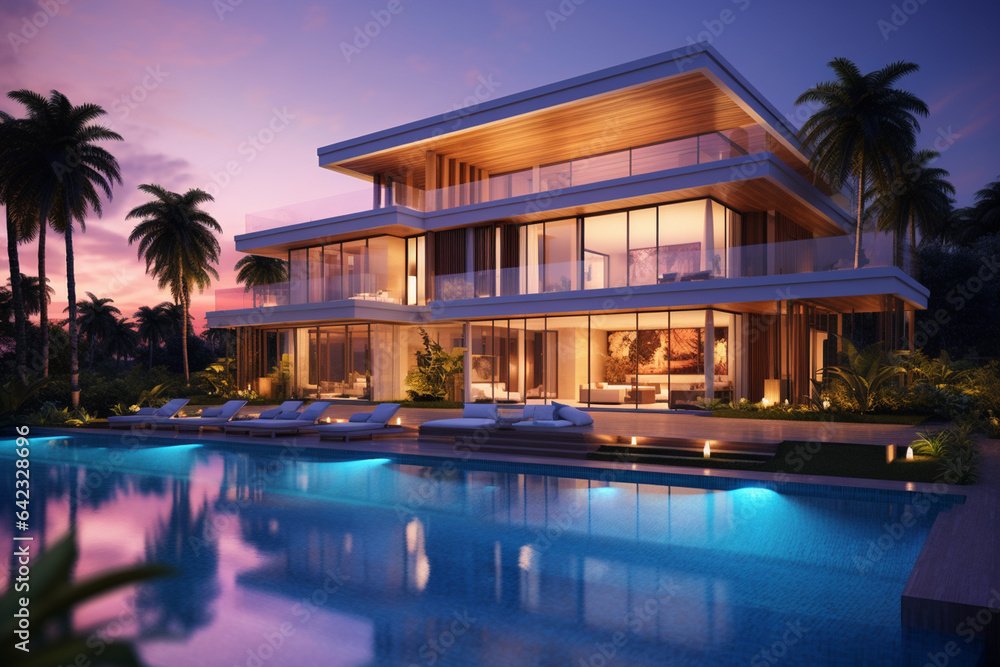 3d rendering of modern cozy house with pool and parking for sale or rent in luxurious style by the sea or ocean at sunset.