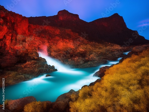 A rugged landscape of a glowing neon mountain with a waterfall cascading down its sides