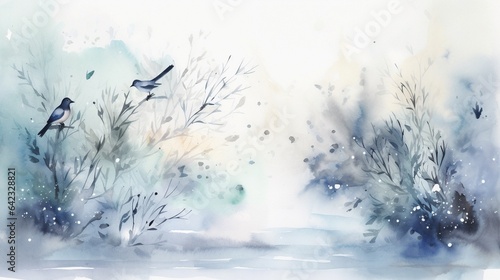 Watercolor winter landscape with birds and trees. Generative AI.
