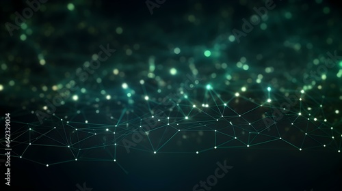 Blurred Data Technology Background in dark green Colors. Network of connected Dots and Lines 