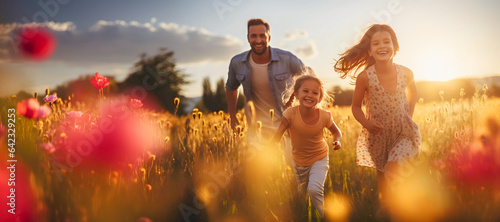 Fototapeta Family having fun together in a field of flowers - Happy moments of father and daughters at sunset.