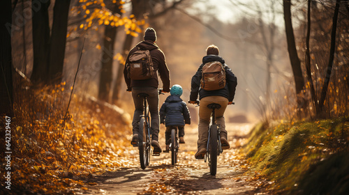 Canvas Print Family cycling trips in autumn, walks along paths in the forest, Hiking, collective active recreation