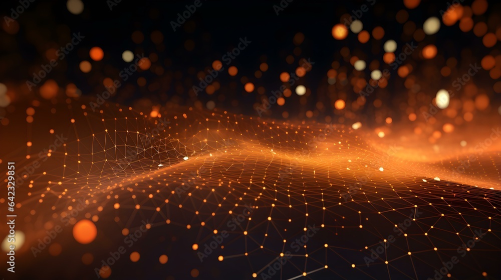 Obraz premium Blurred Data Technology Background in orange Colors. Network of connected Dots and Lines 