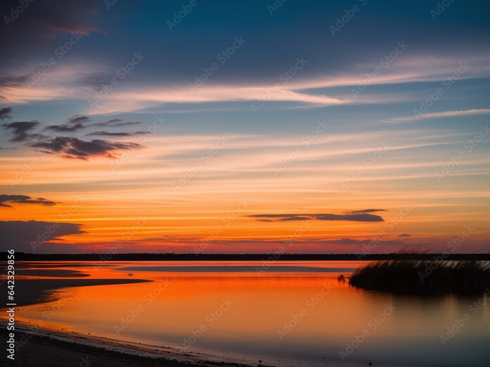 A sunset over a shallow lagoon