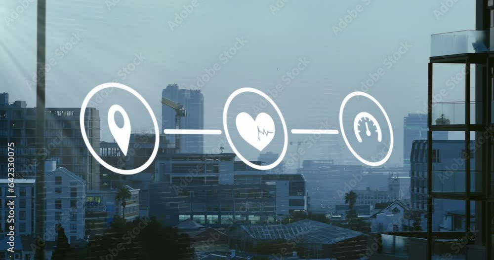 Animation of speedometer, gps, heart pulse icons forming flowchart over ...