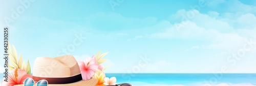 Straw hat bag and sun glasses on a tropical beach ads concept generative ai