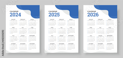 Calendar 2024, calendar 2025 and calendar 2026, week start Sunday, corporate design planner template. Wall calendar in a minimalist style