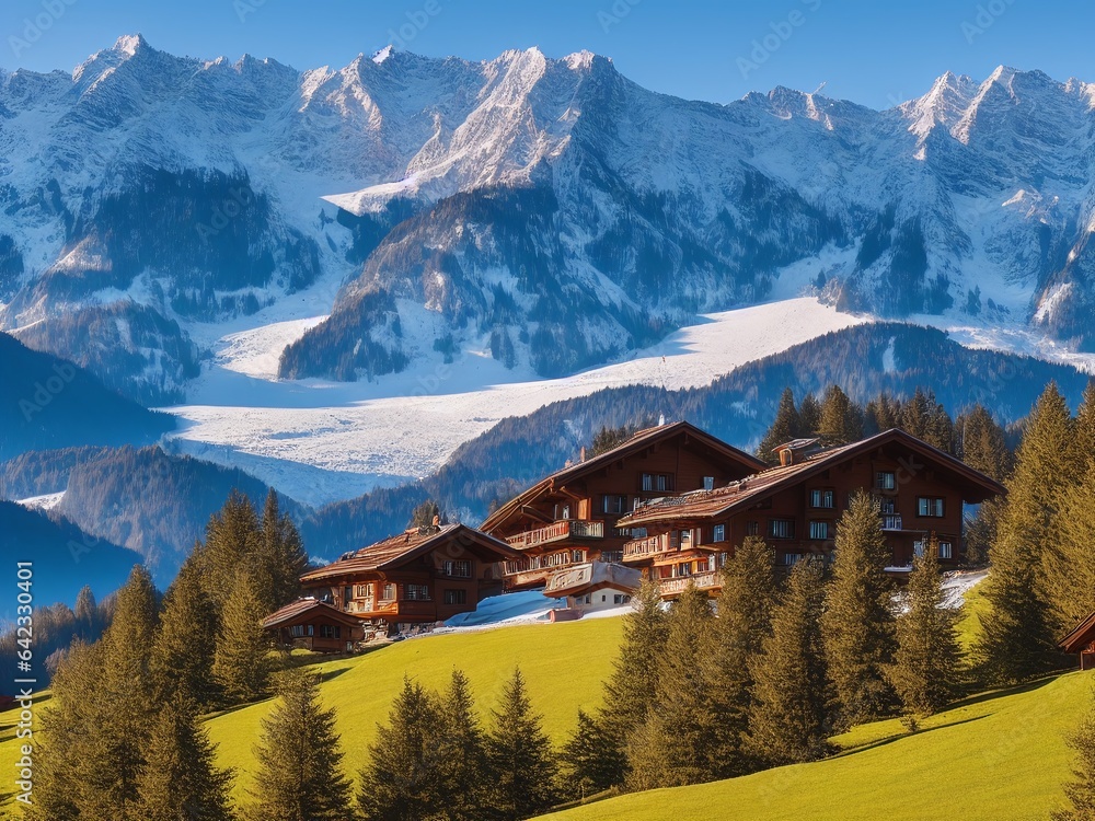  traditional Swiss chalet in the mountains with snow-capped peaks in the background