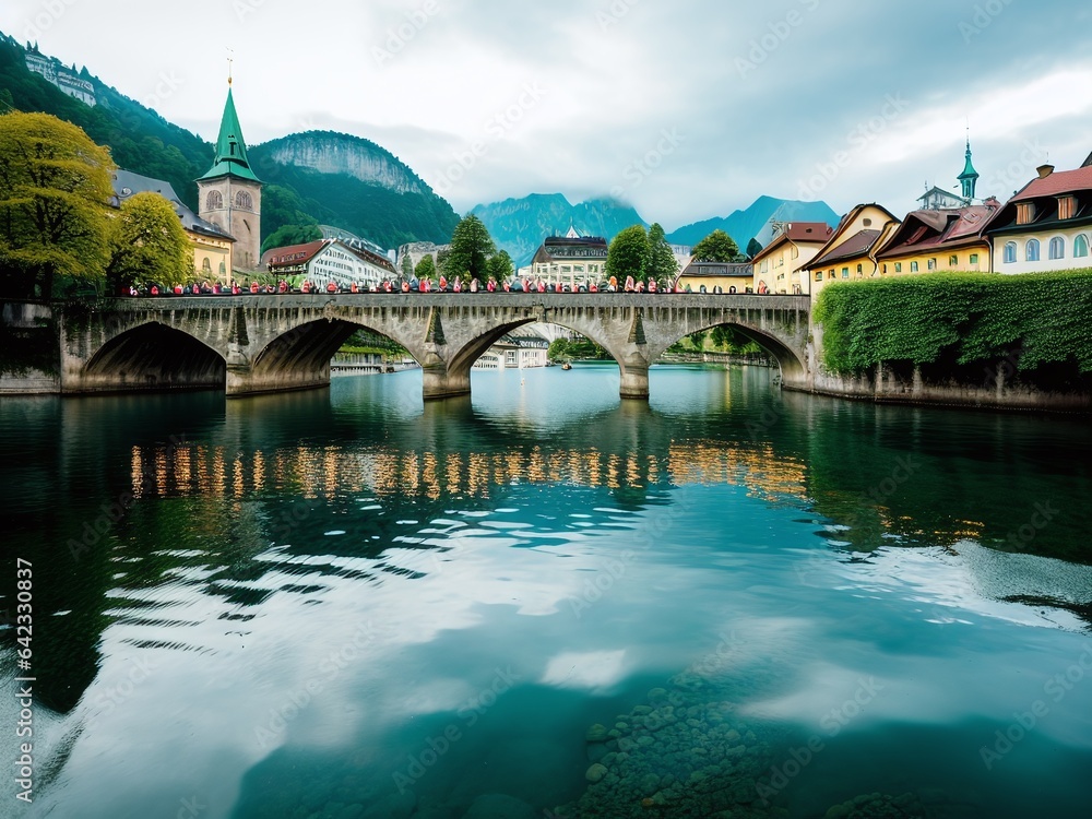 A view of the iconic Chapel Bridge in Lucerne with reflections in the water