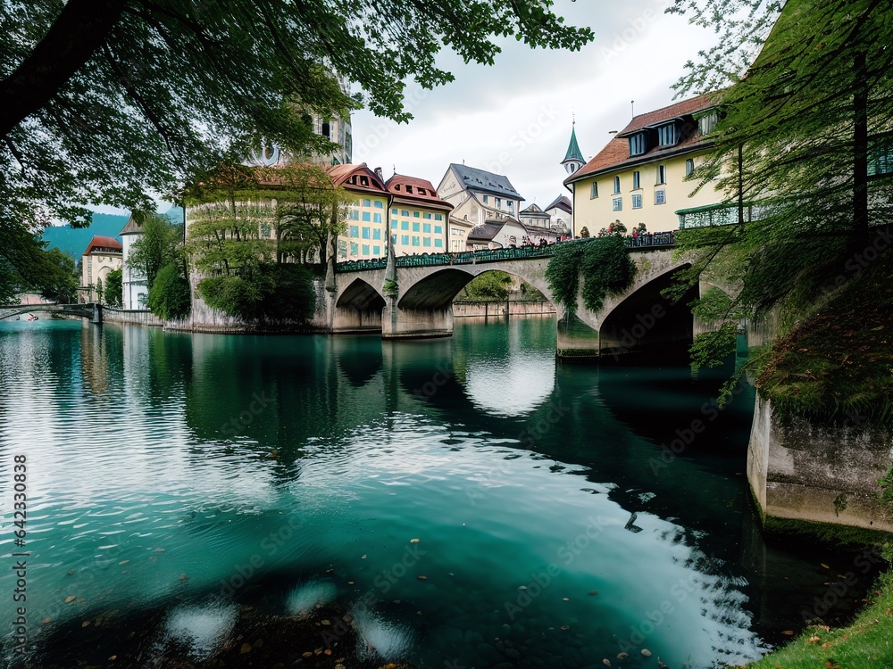 A view of the iconic Chapel Bridge in Lucerne with reflections in the water