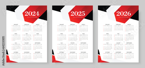 2024, 2025 and 2026 calendar set, Week start Sunday, Simple vertical calendar design template. Corporate design planner template. Wall calendar in a minimalist style