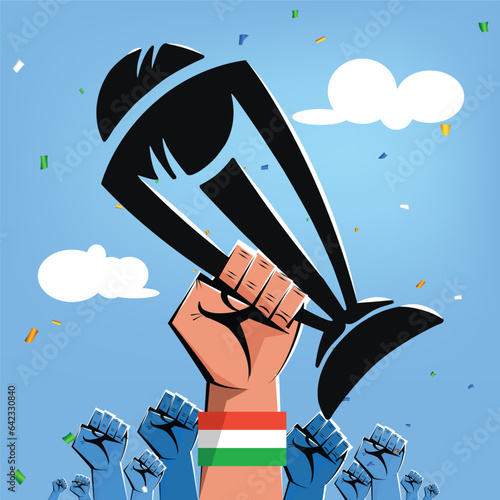hand lifting a cricket trophy. people celebrating victory
