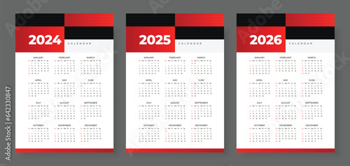 2024, 2025 and 2026 calendar set, Week start Sunday, Simple vertical calendar design template. Wall calendar in a minimalist style. Corporate design planner template