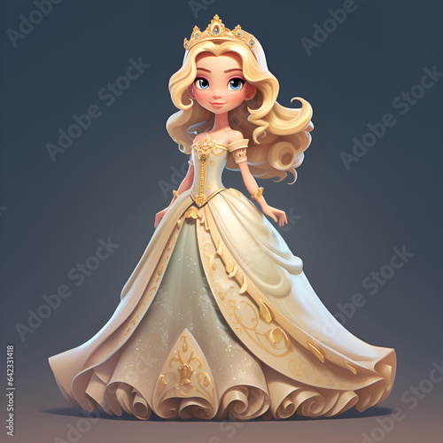 little princess in a golden dress, 3d character, cartoon