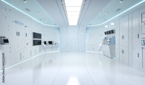 White futuristic hospital laboratory interior with medical supplies