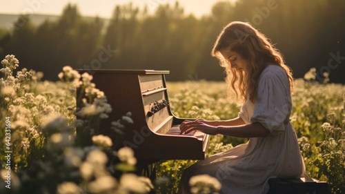 Woman playing piano in a field