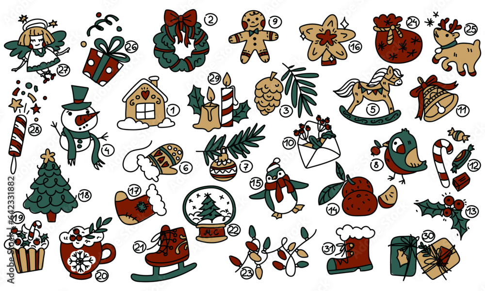 Fototapeta premium A large set of colored objects to create a retro Christmas mood. Vector illustrations drawn by hand. Drawings of Christmas accessories, food, comfort items. Cartoon elements with a black outline.