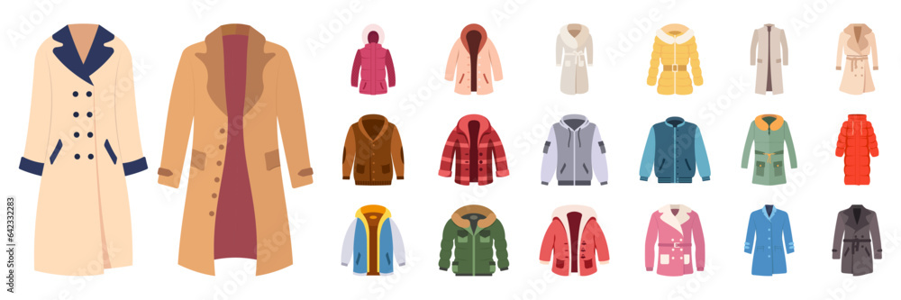 Winter clothes set and cold weather accessories are isolated on a white background. Vector cozy clothing warm coat or outerwear fashion - obrazy, fototapety, plakaty 