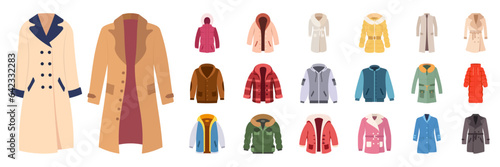 Winter clothes set and cold weather accessories are isolated on a white background. Vector cozy clothing warm coat or outerwear fashion photo