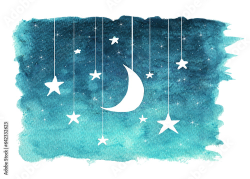 The moon and stars hanging from strings painted in watercolor, night sky background.