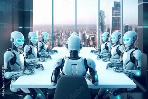 Group of robots sitting at table in office with city view 3D rendering