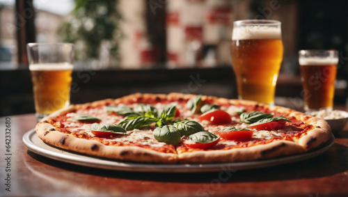 Pizza con pomodoro, mozzarella, pomodorini freschi, basilico e una birra fresca in una pizzeria in Italia photo