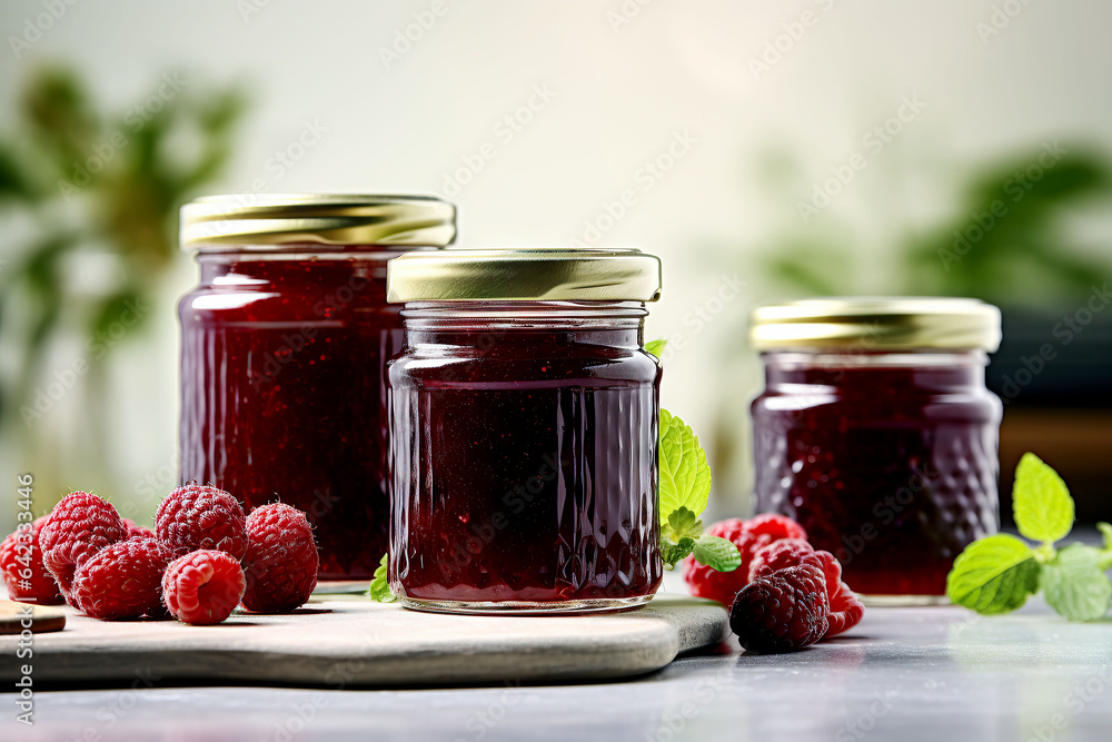 Raspberry jam with berry on light background. Homemade jam with raspberry. Raspberry jam with berry on light background. Homemade jam with raspberry.