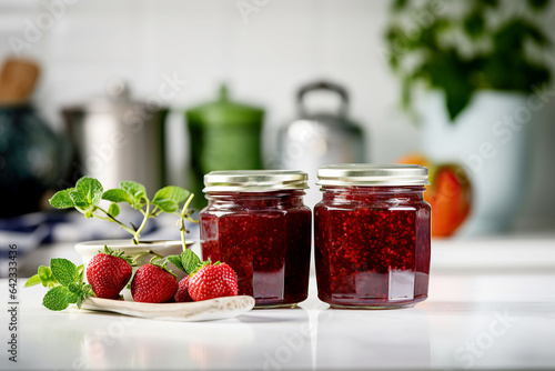 Raspberry jam with berry on light background. Homemade jam with raspberry.