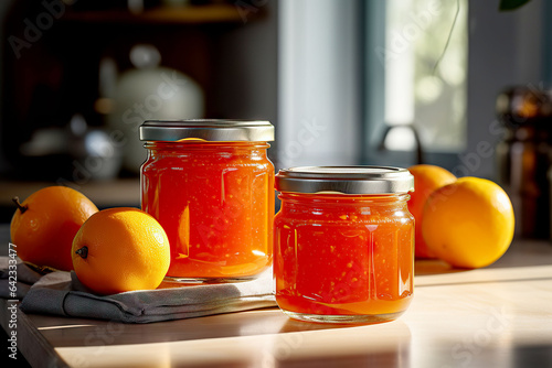 orange jam in a glass jar, fresh oranges on a gray concrete background photo