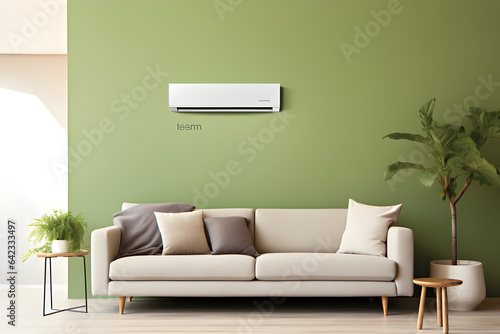 green energy heat pump AC sustainable modern living room with sofa