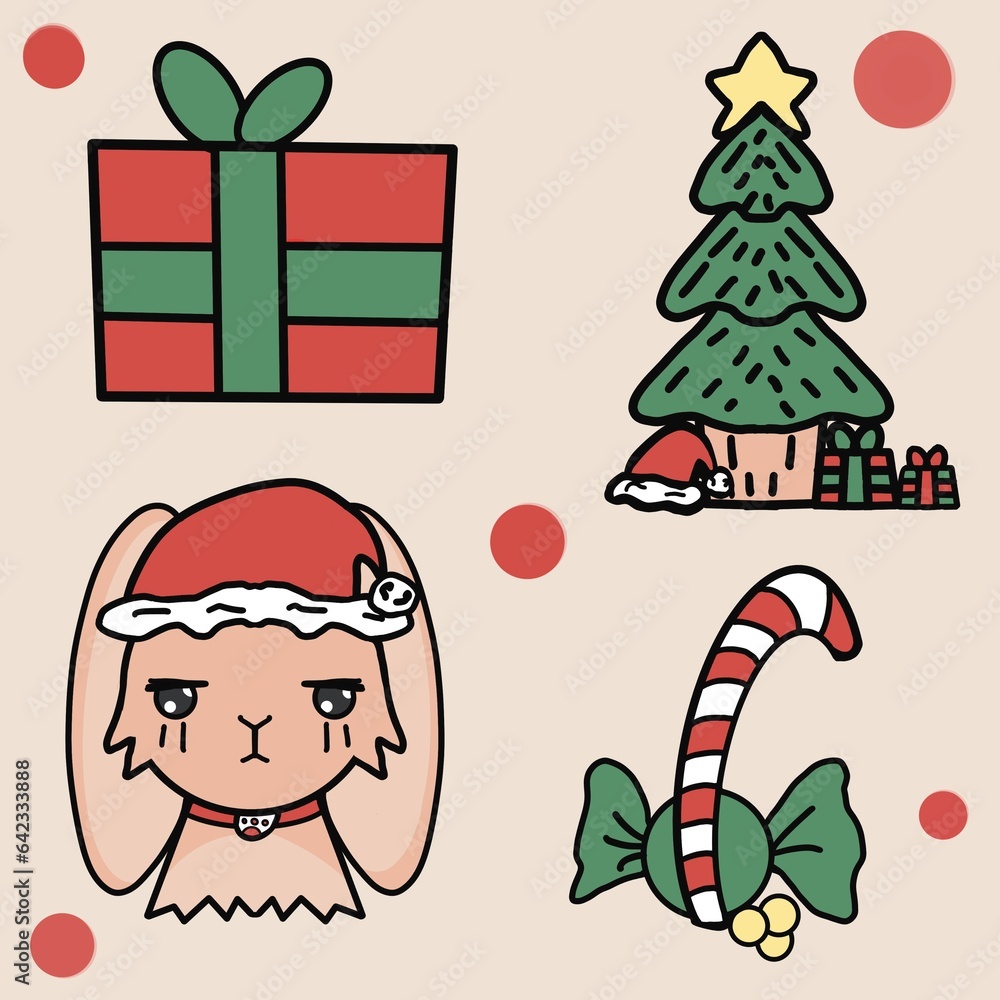 Fototapeta premium set of Christmas and New Year icons. illustration of rabbit, Christmas tree, gift and Christmas sweets