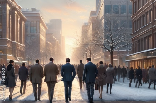 crowd of office suit wearing people walking to work at downtown street winter morning  rim light