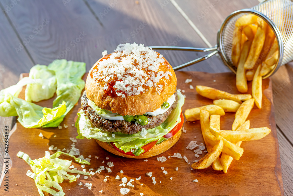 Lamb burger. Hamburger made with lamb meat. Classic traditional Greek