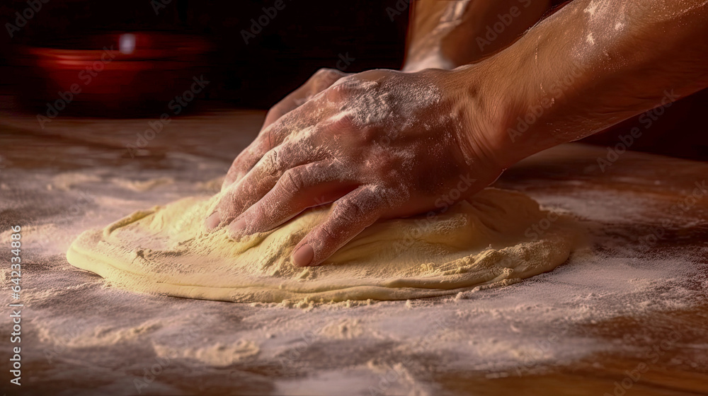 Men's hands kneading dough on a wooden table, closeup. Cook's hands.