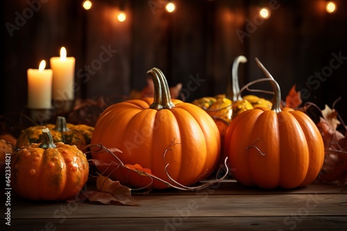 Thanksgiving Pumpkins On Rustic Table With Candles Generative Ai