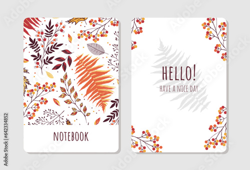 Cover design with floral autumn pattern. Hand drawn plants. Invitation, greeting card, cover book, notebook. Vector illustration