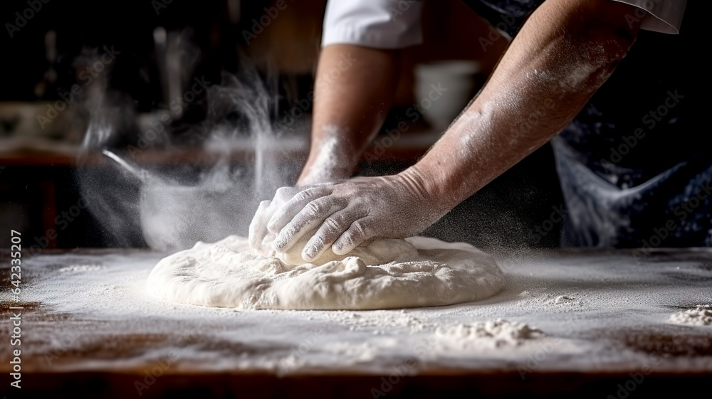 Male hands kneading dough on a wooden table in a bakery. Chef prepares the dough with flour to make pizza.