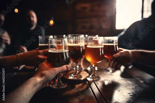Group of people cheering and drinking beer at bar pub table, Happy young friends enjoying happy hour at restaurant, Youth culture-Life style food and beverage concept. Generative AI