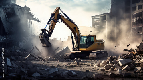 Excavator Digging Through Rubble Amidst the Ruins of a Destroyed City, Capturing the Stark Reality of Urban Devastation