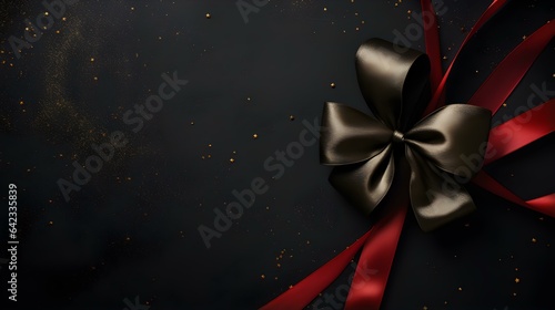 Black Gift Ribbon with a Bow in front of a dark Background. Festive Template for Holidays and Celebrations 